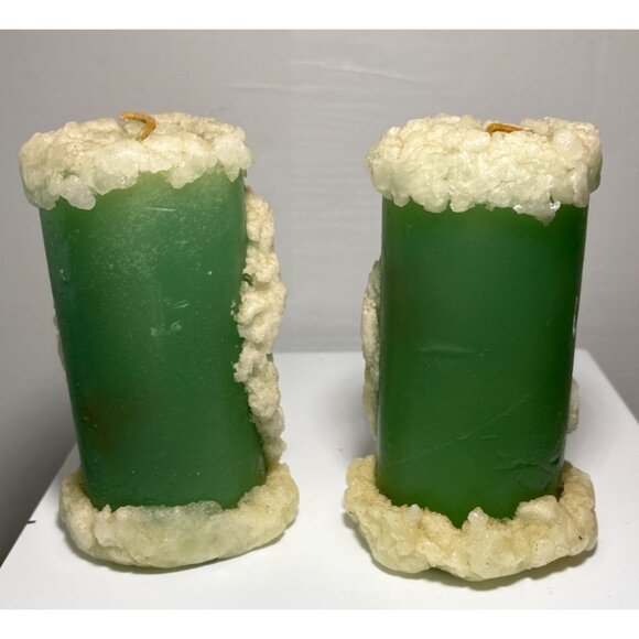 Christmas Pilar Candles Green Angels Pixie Puffy Snow Design Set of 2 Retro 6" - Picture 6 of 8